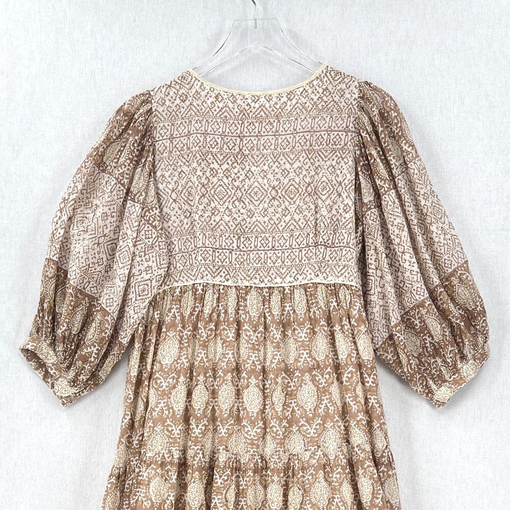 DAUGHTERS OF INDIA Jasmine Midi Dress Women Small White Brown Block Print Cotton - Picture 8 of 16